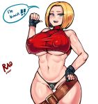  abs absurdres armpits bare_shoulders blonde_hair blue_eyes blue_mary breasts commentary crop_top fatal_fury fingerless_gloves gloves halter_top halterneck highres large_breasts midriff muscle navel panties pants radracer ribbed_sweater short_hair smile snk solo straight_hair sweater the_king_of_fighters underwear 