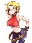  abs armpits bare_shoulders belt blonde_hair blue_eyes blue_mary breasts crop_top fatal_fury fingerless_gloves gloves halter_top halterneck highres large_breasts midriff misonou_hirokichi muscle navel pants short_hair smile snk solo straight_hair the_king_of_fighters 