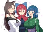  :d :o animal_ears bangs blue_eyes blue_hair blush bow breasts brooch brown_hair cape cleavage commentary_request dress drill_hair fang_out frilled_kimono frills grass_root_youkai_network green_kimono hair_bow head_fins heart heart-shaped_pupils imaizumi_kagerou japanese_clothes jewelry kimono large_breasts licking_lips long_hair looking_at_viewer mermaid midarin monster_girl multiple_girls obi off-shoulder_dress off_shoulder open_mouth red_eyes red_hair sash sekibanki shiny shiny_hair short_hair smile sweatdrop swept_bangs symbol-shaped_pupils tongue tongue_out touhou unmoving_pattern wakasagihime white_background wolf_ears 