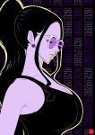  absurdres bare_shoulders black_hair breasts chris_re5 cleavage closed_eyes copyright_name earrings from_side highres jewelry large_breasts long_hair nico_robin one_piece outline parted_lips patterned_background ponytail signature solo sunglasses tank_top 
