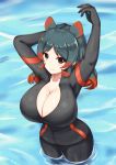  animal_ears arms_up biker_clothes bikesuit black_bodysuit black_eyes black_hair bodysuit breasts cleavage collarbone eyebrows_visible_through_hair from_above gloves highres hippopotamus_(kemono_friends) hippopotamus_ears huge_breasts kemono_friends long_hair medium_hair multicolored_hair red_hair smile solo two-tone_hair wading water wet xiao_qi 
