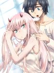  1girl bangs bare_shoulders black_hair blue_eyes blush breasts comb combing commentary couple darling_in_the_franxx eyebrows_visible_through_hair green_eyes hair_brushing herozu_(xxhrd) hetero hiro_(darling_in_the_franxx) holding holding_another's_arm holding_hair horns long_hair medium_breasts nightgown oni_horns pajamas pink_hair red_horns shirt sleeveless sleeveless_shirt white_nightgown white_pajamas zero_two_(darling_in_the_franxx) 