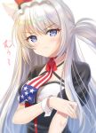  absurdres american_flag american_flag_print animal_ears arm_across_waist azur_lane bad_id bad_pixiv_id bangs blue_eyes blush bow breasts cat_ears cat_girl closed_mouth commentary criss-cross_halter dress eyebrows_visible_through_hair flag_print hair_between_eyes hair_bow hair_ribbon halterneck hammann_(azur_lane) headdress highres long_hair looking_at_viewer puffy_short_sleeves puffy_sleeves ribbon short_sleeves sidelocks silver_hair simple_background solo translated tsundere tsurime upper_body very_long_hair white_background wrist_cuffs yatsuhashi 