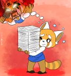  aggressive_retsuko angry anthro black_footwear black_nose claws clothed clothing cute digital_drawing_(artwork) digital_media_(artwork) eyelashes female footwear fur holding_object holding_paper joaoppereiraus long_sleeve looking_at_viewer mammal microphone multicolored_fur open_mouth paper red_panda retsuko sanrio sharp_teeth simple_background skirt slightly_chubby standing sweat teeth thinking uniform vest yelling 