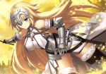  armor armored_dress ashiwara_yuu bangs bare_shoulders black_legwear blonde_hair blue_eyes breasts closed_mouth commentary_request dress dutch_angle eyebrows_visible_through_hair fate/apocrypha fate_(series) fur-trimmed_legwear fur_trim gauntlets hair_between_eyes headpiece holding jeanne_d'arc_(fate) jeanne_d'arc_(fate)_(all) large_breasts long_hair looking_at_viewer outstretched_arm solo thighhighs v-shaped_eyebrows very_long_hair white_dress 