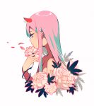  closed_mouth commentary darling_in_the_franxx english_commentary eyeshadow flower flower_request from_side green_eyes holding holding_flower horns long_hair makeup nude petals pink_hair plant satchely simple_background solo upper_body vines white_background zero_two_(darling_in_the_franxx) 