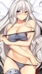  azur_lane bad_id bad_pixiv_id bare_shoulders bed_sheet blush bra bra_pull breasts collarbone cowboy_shot dakimakura enterprise_(azur_lane) frown hair_between_eyes large_breasts long_hair looking_at_viewer panties purple_eyes skindentation solo thigh_gap tony_guisado underwear underwear_only very_long_hair white_hair 