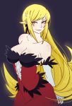  bare_shoulders blonde_hair breasts dress elbow_gloves gloves kiss-shot_acerola-orion_heart-under-blade kokomi_(aniesuakkaman) large_breasts long_hair monogatari_(series) pointy_ears red_dress smile solo standing strapless strapless_dress very_long_hair white_gloves yellow_eyes 