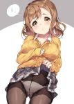  absurdres ass_visible_through_thighs bangs blush breasts brown_eyes brown_hair brown_legwear cardigan collarbone collared_shirt crotch_seam dutch_angle eyebrows_visible_through_hair grey_background grey_skirt head_tilt highres kunikida_hanamaru large_breasts lifted_by_self love_live! love_live!_sunshine!! panties panties_under_pantyhose pantyhose parted_lips pleated_skirt shirt skirt skirt_lift solo spoken_sweat tem10 two-tone_background underwear wet wet_clothes wet_hair wet_skirt white_background white_panties white_shirt yellow_cardigan 