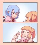  2koma :&gt; :&lt; ascot bangs bat_wings blonde_hair blue_hair blunt_bangs brooch cheek_pinching comic commentary english_commentary eyebrows_visible_through_hair flandre_scarlet frilled_shirt_collar frills hair_between_eyes highres jewelry multiple_girls no_hat no_headwear one_eye_closed pinching pointy_ears puffy_short_sleeves puffy_sleeves red_eyes remilia_scarlet short_hair short_sleeves siblings side_ponytail sisters touhou v wings wrist_cuffs yoruny 