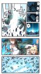  3koma blonde_hair blue_eyes brown_hair comic commentary facial_scar gangut_(kantai_collection) hair_between_eyes hair_ornament hairclip happi highres hokuto_no_ken ido_(teketeke) iowa_(kantai_collection) japanese_clothes kantai_collection long_hair multiple_girls no_hat no_headwear open_mouth outstretched_arms parody ponytail robot scar shaded_face speech_bubble spread_arms teeth translated very_long_hair white_hair yamato_(kantai_collection) 
