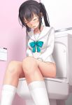  bangs between_legs black_hair blush bottomless breasts closed_eyes collarbone commentary_request eto eyebrows_visible_through_hair fingering hand_between_legs hands_together highres indoors kneehighs knees_together_feet_apart long_sleeves masturbation nose_blush original sailor_collar school_uniform serafuku shirt sitting small_breasts solo tied_hair toilet twintails uniform v_arms white_legwear white_sailor_collar white_shirt 