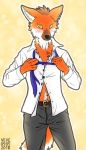  2018 aggressive_retsuko anthro belt canine clothed clothing digital_media_(artwork) male mammal maned_wolf necktie ookami_(aggressive_retsuko) open_shirt pants sanrio simple_background skyelegs 