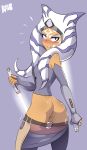  2018 ahsoka_tano alien belt bigdead93 blue_eyes blush breasts butt clone_wars clothed clothing digital_media_(artwork) female head_tails hi_res humanoid lightsaber lips looking_at_viewer looking_back not_furry nude orange_skin pants_down partially_clothed side_boob simple_background solo star_wars star_wars_rebels togruta wardrobe_malfunction 