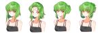  alternate_hairstyle bare_shoulders black_dress breasts c.c. cleavage closed_mouth code_geass creayus dress eyebrows_visible_through_hair facial_mark forehead_mark green_hair looking_at_viewer multiple_views short_hair simple_background upper_body white_background yellow_eyes 