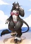  anthro beach bikini blush bovine breasts cattle clothing female horn mammal ocaritna open_mouth outside seaside smile solo standing swimsuit tauren thick_thighs video_games voluptuous warcraft watermark wide_hips 