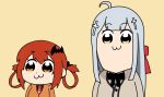  :3 ahoge bat_hair_ornament bkub_(style) black_neckwear bow bowtie chibi commentary cross_hair_ornament gabriel_dropout grey_hair hair_ornament hair_rings jacket kion-kun kurumizawa_satanichia_mcdowell latin_cross long_hair multiple_girls necktie orange_background orange_eyes pipimi poptepipic popuko red_hair red_neckwear school_uniform shiraha_raphiel_ainsworth short_hair simple_background 