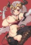  aliza_(granblue_fantasy) arm_wrap armband belt blush boots braid breasts commentary_request draph earrings fuya_(tempupupu) granblue_fantasy hair_pulled_back headpiece horns jewelry knee_boots large_breasts leg_up long_braid long_hair looking_at_viewer nipples open_mouth pointy_ears ponytail puffy_nipples pussy red_background red_eyes silver_hair simple_background solo sweat torn_clothes 