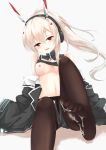  :d absurdres ayanami_(azur_lane) azur_lane bangs bare_shoulders black_camisole black_jacket black_legwear black_shorts blush breasts camisole commentary_request cum cum_on_body cum_on_lower_body eyebrows_visible_through_hair feet grey_background hair_between_eyes hair_ornament headgear headphones high_heels highres jacket light_brown_hair long_hair looking_at_viewer medium_breasts navel nipples no_panties no_shoes off_shoulder open_fly open_mouth pantyhose ponytail red_eyes short_shorts shorts sidelocks siroyuki smile soles solo very_long_hair 
