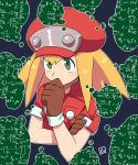  blonde_hair breast_pocket brown_gloves calculus capcom gloves green_eyes hand_to_own_mouth hat long_hair math muu_(mumumer) number pocket red_hat rockman rockman_dash roll_caskett short_sleeves sidelocks simple_background solo speech_bubble thinking upper_body 