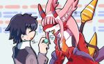  1girl bangs black_hair blush candy closed_eyes commentary_request couple darling_in_the_franxx eyebrows_visible_through_hair food hair_ornament hairband hetero highres hiro_(darling_in_the_franxx) holding_candy horns kuro1223 long_hair military necktie oni_horns orange_neckwear pink_hair red_horns red_skin sweat translation_request white_hairband zero_two_(darling_in_the_franxx) 