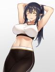  armpits arms_behind_head arms_up bangs black_hair blush breasts clenched_teeth collarbone elf elf_(houtengeki) gradient gradient_background houtengeki large_breasts long_hair midriff navel one_eye_closed original pants parted_lips pointy_ears simple_background sleeveless solo sports_bra teeth twintails wristband yellow_eyes yoga_pants 