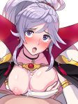  1girl bangs bar_censor blush boris_(noborhys) breast_squeeze breasts bridal_gauntlets cape censored choker collarbone commentary_request cum cum_on_body cum_on_breasts cum_on_upper_body earrings elbow_gloves fire_emblem fire_emblem:_seisen_no_keifu fire_emblem_heroes gloves hair_between_eyes hetero highres ishtar_(fire_emblem) jewelry large_breasts long_hair looking_at_viewer nipples open_mouth paizuri pendant penis ponytail purple_eyes side_ponytail sidelocks silver_hair simple_background solo_focus white_background 