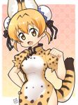  :d adapted_costume animal_ears blonde_hair bun_cover china_dress chinese_clothes commentary_request cowboy_shot dated double_bun dress extra_ears eyebrows_visible_through_hair hair_between_eyes hakkatou hand_on_hip kemono_friends looking_at_viewer open_mouth paw_pose print_dress puffy_short_sleeves puffy_sleeves serval_(kemono_friends) serval_ears serval_print serval_tail short_hair short_sleeves side_slit smile solo tail yellow_eyes 