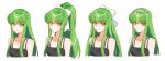  alternate_hairstyle bare_shoulders black_dress bow breasts c.c. cleavage closed_mouth code_geass creayus dress eyebrows_visible_through_hair green_hair hair_bow hairband high_ponytail looking_at_viewer multiple_views ponytail simple_background upper_body white_background white_bow yellow_eyes 