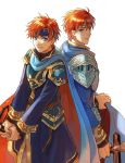  akke armor blue_armor blue_cape blue_eyes cape eliwood_(fire_emblem) father_and_son fire_emblem fire_emblem:_fuuin_no_tsurugi fire_emblem:_rekka_no_ken headband holding holding_sword holding_weapon lips looking_at_viewer multiple_boys pauldrons red_hair roy_(fire_emblem) shiny shiny_hair simple_background sword weapon white_background 