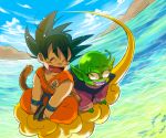 :d ^_^ antennae black_hair closed_eyes cloud cloudy_sky commentary_request day dougi dragon_ball dragon_ball_(classic) eyebrows_visible_through_hair fish flying flying_nimbus green_skin gyuunyuu_daisuki happy long_sleeves looking_away male_focus mountain multiple_boys nyoibo ocean open_mouth outdoors piccolo pointy_ears red_eyes sharp_teeth short_hair sitting sky smile son_gokuu spiked_hair tail teeth water wristband 