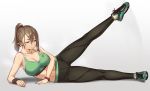  bracelet breasts breath brown_hair exercise full_body green_eyes houtengeki jewelry leg_lift long_hair lying medium_breasts midriff on_side original pants pointy_ears ponytail shoes simple_background sneakers solo sports_bra sweat yoga_pants 