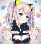  animal_ears ao+beni bangs blue_eyes blush breasts cat_ears claw_pose cleavage_cutout d-pad d-pad_hair_ornament fake_animal_ears grey_hair hair_ornament hairpin hands_up kaguya_luna kaguya_luna_(character) looking_at_viewer medium_breasts multicolored multicolored_nails nail_polish ribbon sidelocks sleeveless smile solo turtleneck twintails upper_body wrist_cuffs wrist_ribbon 