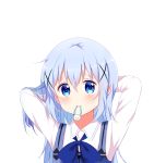  bangs blue_bow blue_eyes blue_neckwear bow bowtie deyui gochuumon_wa_usagi_desu_ka? hair_between_eyes hair_ornament hands_in_hair highres kafuu_chino long_hair looking_at_viewer mouth_hold rabbit_house_uniform shirt silver_hair solo transparent_background tying_hair uniform upper_body white_shirt x_hair_ornament 