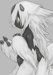  1girl black_skin emdo extra_arms faputa female fur made_in_abyss monochrome monster_girl navel outie_navel profile solo white_hair 