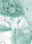  bed bow bow_panties commentary_request cowboy_shot fang green hair_bow highres kantai_collection lying monochrome on_back on_bed panties parted_lips short_sleeves solo tone_(kantai_collection) two_side_up underwear yami_(m31) 