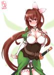  2018 artist_name blush breasts brown_eyes brown_hair cleavage collarbone commentary_request corset cosplay cowboy_shot dated flower green_skirt hair_flower hair_intakes hair_ornament hand_on_own_chest highres kanon_(kurogane_knights) kantai_collection large_breasts leafa leafa_(cosplay) long_hair long_sleeves looking_at_viewer ponytail puffy_sleeves seiyuu_connection simple_background sketch skirt smile solo sword sword_art_online taketatsu_ayana very_long_hair weapon yamato_(kantai_collection) 