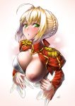  ahoge artist_name blonde_hair blush breasts epaulettes eyebrows_visible_through_hair f.w.zholic fate/extra fate_(series) gradient gradient_background green_eyes highres large_breasts lips long_sleeves looking_to_the_side nero_claudius_(fate) nero_claudius_(fate)_(all) nipples short_hair solo upper_body 