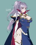  boots breasts cape character_name cleavage collar collarbone commentary covered_navel dress earrings elbow_gloves expressionless fire_emblem fire_emblem:_seisen_no_keifu gloves highres ishtar_(fire_emblem) jewelry large_breasts long_hair looking_at_viewer nekolook ponytail purple_dress purple_eyes side_ponytail sidelocks silver_hair solo thigh_boots thighhighs thighs white_footwear white_gloves 