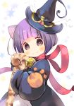  animal_ears bell blush closed_mouth commentary_request copyright_request hat jingle_bell kuga_tsukasa long_sleeves looking_at_viewer purple_eyes purple_hair red_ribbon ribbon short_hair sleeves_past_wrists smile solo staff upper_body wide_sleeves witch witch_hat 