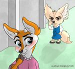  2018 absurd_res aggressive_retsuko antelope anthro canine clothed clothing digital_media_(artwork) duo female fennec fenneko fox fur gazelle hi_res horn ilazua mammal sanrio simple_background tsunoda 