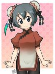  adapted_costume arms_at_sides black_hair black_legwear blue_eyes bun_cover china_dress chinese_clothes commentary_request cowboy_shot dated double_bun dress feathers gradient_dress hair_between_eyes hair_feathers hair_ornament hakkatou head_tilt kaban_(kemono_friends) kemono_friends looking_at_viewer pantyhose puffy_short_sleeves puffy_sleeves red_dress short_dress short_hair short_sleeves side_slit smile solo thigh_gap white_dress 