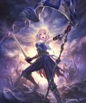  armored_boots armpits banner blue_eyes blue_pants boots cloud cloudy_sky day floating_hair gloves granblue_fantasy highres hisakata_souji holding holding_sword holding_weapon jeanne_d'arc_(granblue_fantasy) knee_boots long_hair looking_at_viewer official_art outdoors pants red_gloves shadowverse shingeki_no_bahamut silver_hair sky solo_focus standing sword weapon 