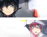  1girl bangs black_bodysuit black_hair blue_eyes bodysuit commentary_request couple crying crying_with_eyes_open darling_in_the_franxx green_eyes hetero hiro_(darling_in_the_franxx) long_hair looking_back pilot_suit pink_hair rshow signature tears white_bodysuit zero_two_(darling_in_the_franxx) 