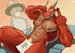  abs anthro bada-butterfly big_muscles cat cum cum_on_chest delga dragon duo english_text fangs feline male mammal middle_finger muscular muscular_male nude text 