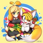  &lt;3 2_tails absurd_res animal_crossing anthro big_breasts black_nose blue_eyes breasts canine cleavage clothed clothing crossgender dipstick_tail dog dress duo eyelashes eyewear female fur goggles goggles_on_head hi_res isabelle_(animal_crossing) legwear mammal miles_prower multi_tail multicolored_tail nintendo nipple_bulge one_eye_closed pikative shih_tzu shirt short_dress simple_background skirt smile sonic_(series) stockings video_games water_gun wink yellow_fur 