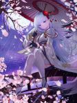  absurdres azur_lane bangs black_gloves blue_eyes blunt_bangs blush breasts bridge cherry_blossoms closed_mouth collarbone eyebrows_visible_through_hair floating_hair flower gloves hair_flower hair_ornament head_tilt highres holding holding_umbrella japanese_clothes kimono large_breasts long_hair looking_at_viewer mole mole_under_eye moon neiless_neiro night night_sky partly_fingerless_gloves rain shoukaku_(azur_lane) sidelocks silver_hair sitting sky smile solo star_(sky) starry_sky thighhighs thighs umbrella water water_drop wide_sleeves wind 