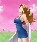  blonde_hair blue_dress blue_eyes breasts cleavage creatures_(company) dress earrings enessef game_freak highres jewelry large_breasts long_hair looking_at_viewer mii_snowdon nintendo pokemon pokemon_(anime) pokemon_(classic_anime) pokemon_(creature) pokemon_m03 shiny shiny_skin sleeveless solo undressing 