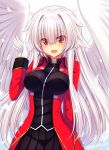  :d angel angel_wings arm_up bangs black_shirt black_skirt blush breasts commentary_request eyebrows_visible_through_hair feathered_wings feathers gloves gold_trim hair_between_eyes hair_flaps hair_intakes highres jacket large_breasts long_hair long_sleeves looking_at_viewer murasame_shia open_clothes open_jacket open_mouth original pleated_skirt red_eyes red_jacket shirt sidelocks silver_hair skirt sleeve_cuffs smile solo twitter_username very_long_hair white_feathers white_gloves white_wings wings 