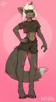  2018 5_fingers anthro barefoot blue_eyes canine clothed clothing digitigrade dipstick_tail fur girly grey_fur hair kaitycuddle mammal midriff multicolored_tail navel smile solo standing white_hair 